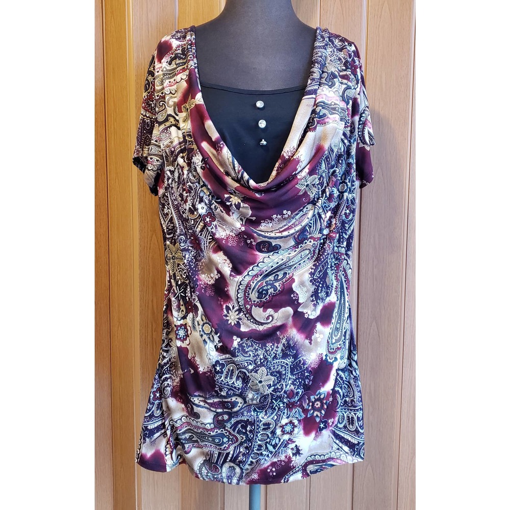 Judith size 1XL red & gold cowl swoop neck blouse